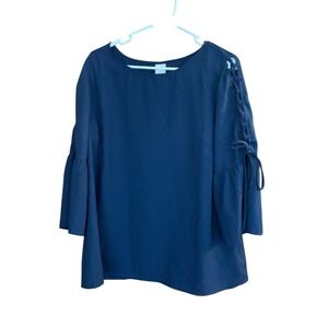 Time and Tru‎ Navy Blue Bell Sleeve Lace-Up Blouse Tunic Top Large